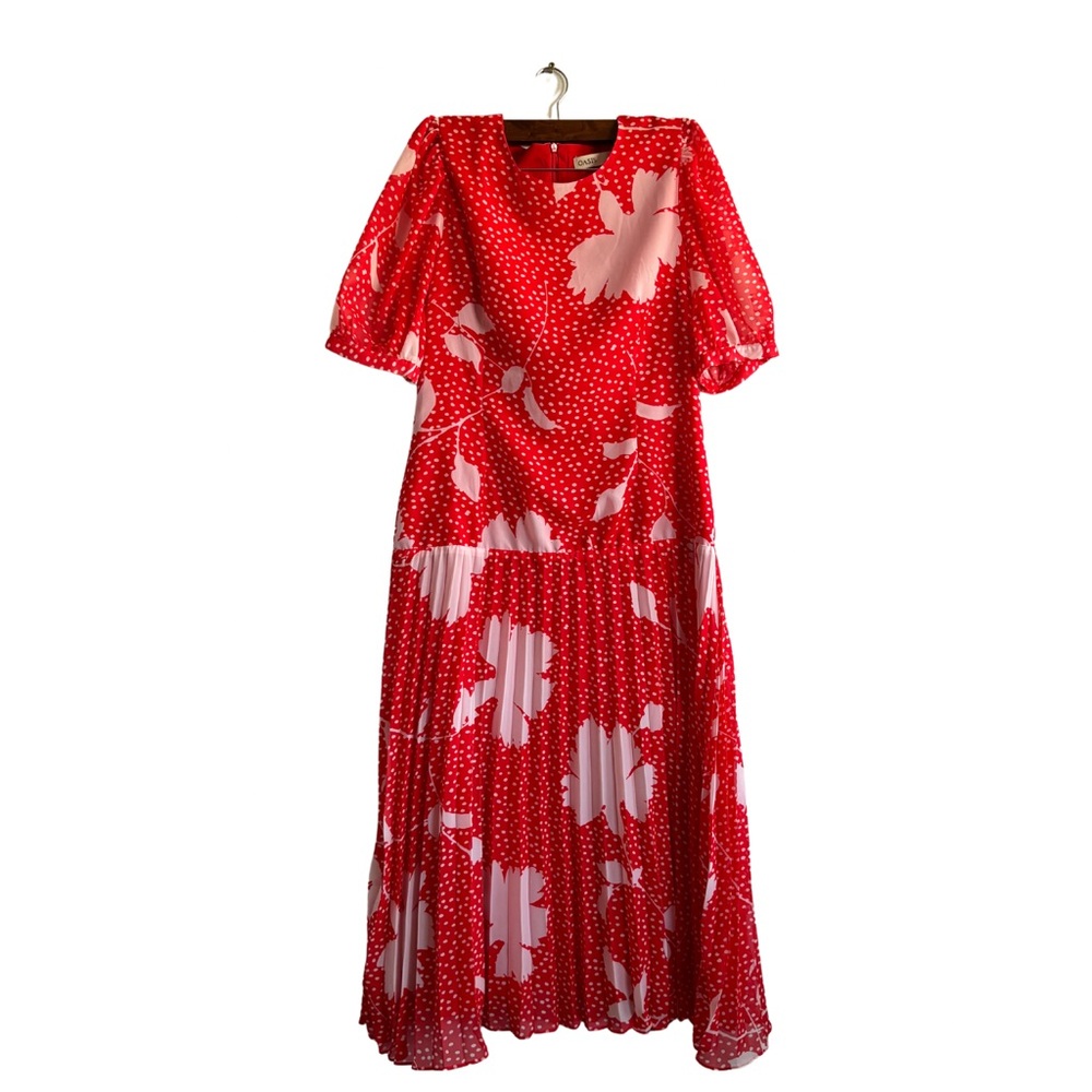 NWOT Oasis‎ floral pleaded midi length dress color pink and red size 14